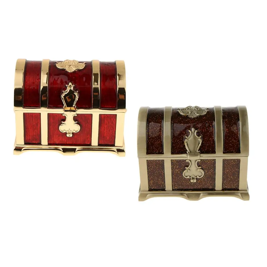 Rectangle  Enamel Treasure Chest Trinket Jewelry Box Case - Red