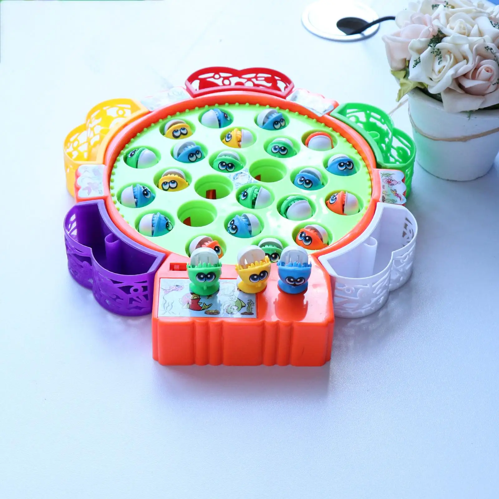 Fishing Game, Electric Double Rotating Fish Pool with Lights and Music, Fishing Board 4 Fish, Children Education Toy