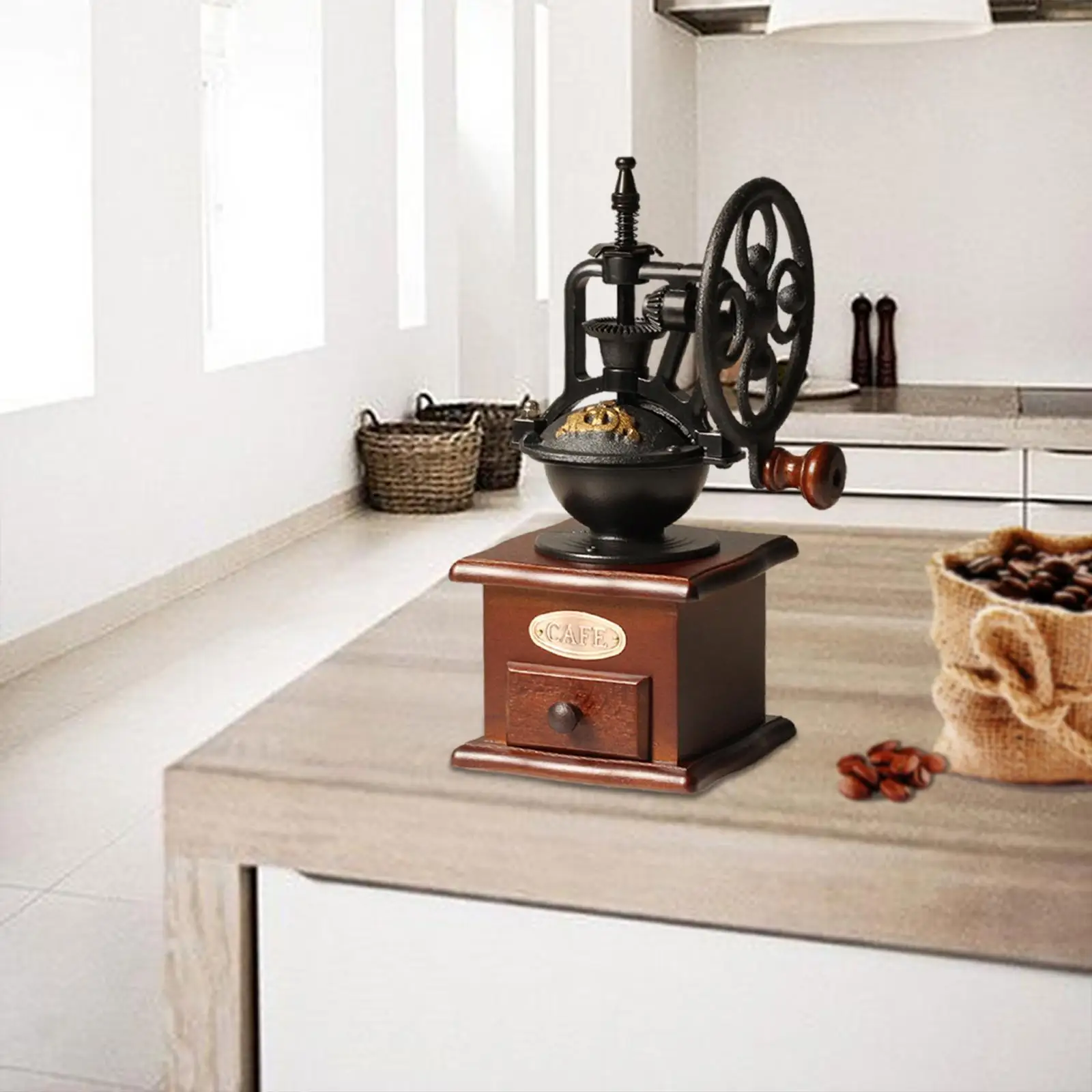 Cast Metal Coffee Grinder Windmill Wheel Coffee Bean Mill for Home Kitchen Coffee Beans, Spices, Pepper, Grain