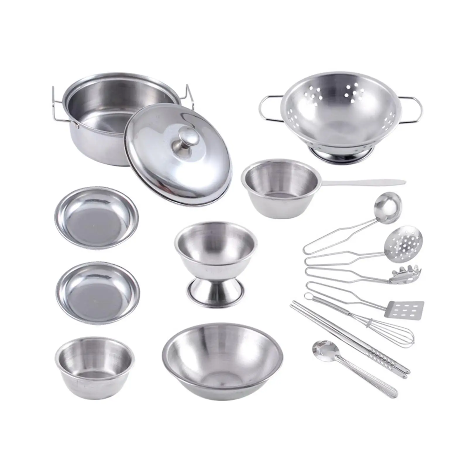 Pack of 16 Kitchen Pretend Toys Cooking Utensils Stainless Steel Accessories for Child Play House Role Playing Fine Polishing