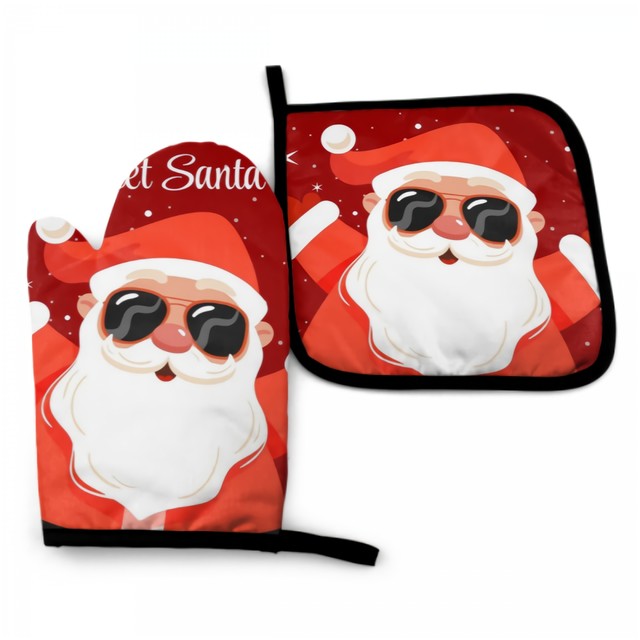 Holiday Time Merry Christmas Kitchen Oven Mitts Red Black Santa Claus Set  of 2