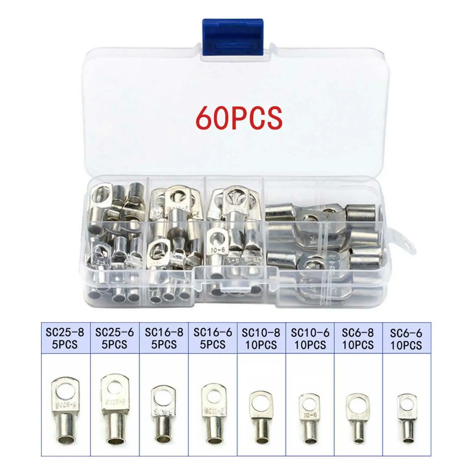60Pcs Battery Rings Terminal Connector, Tubular Electrical Wire End Cable Lugs, Tinned Copper Eyelets