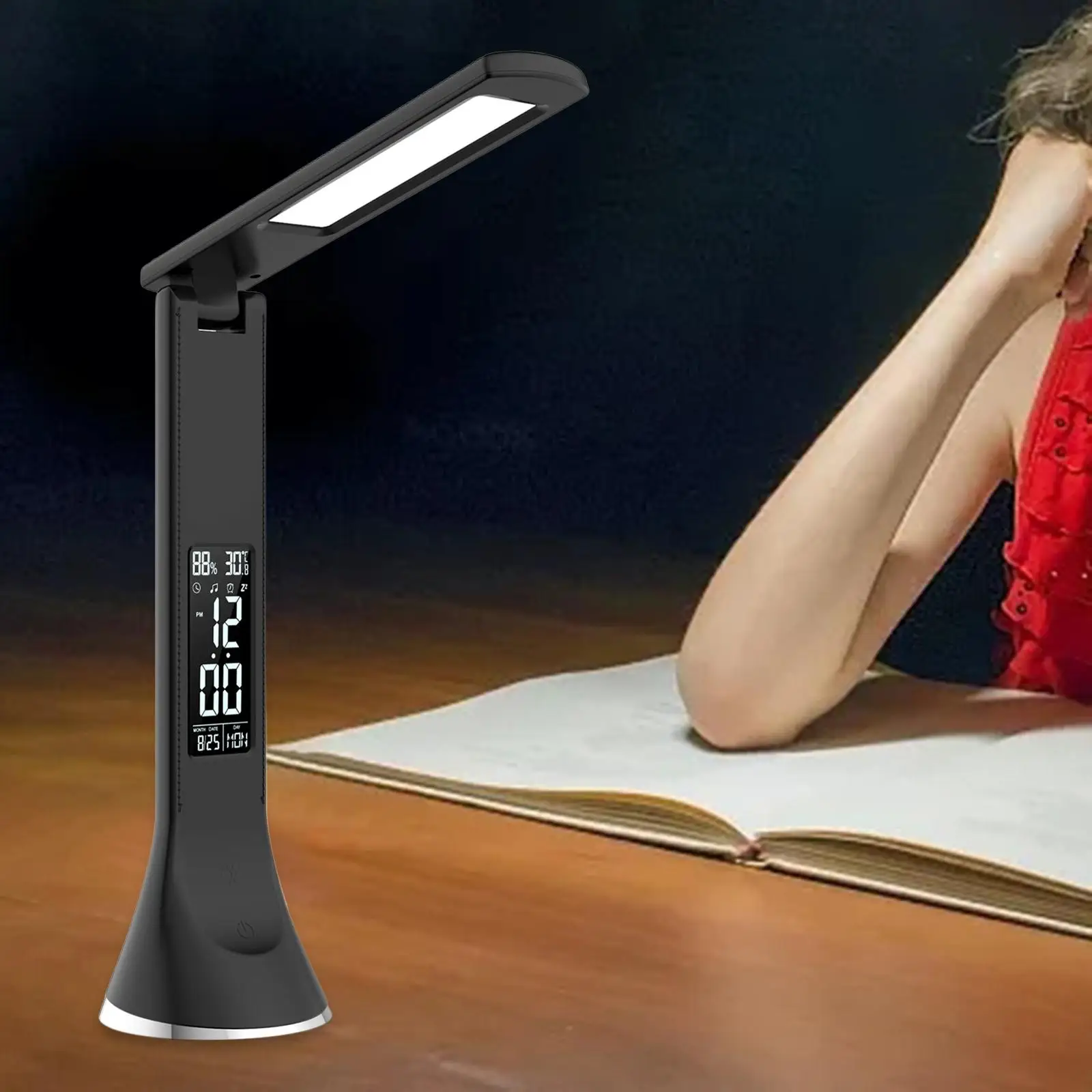LED Desk Lamp Humidity Time Weeks Date Folded Alarm Clock Desktop Table Light Reading Light Room Home Bedroom Office Gift