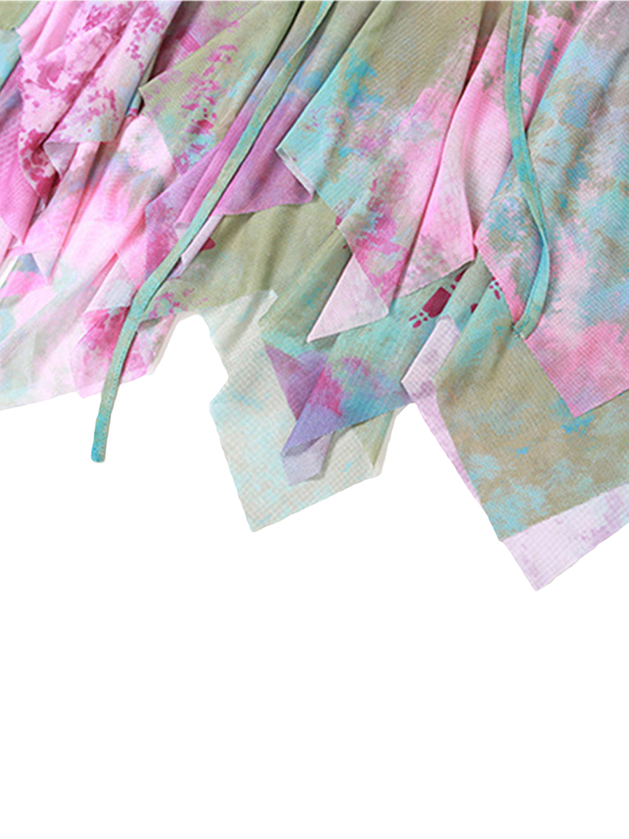Frauen y2k 3 Stück Sommer Outfits Mode ästhetische Langarm Achsel zucken Tops Krawatte Dye Print Weste unregelmäßigen Minirock Set für Party – Detail 8