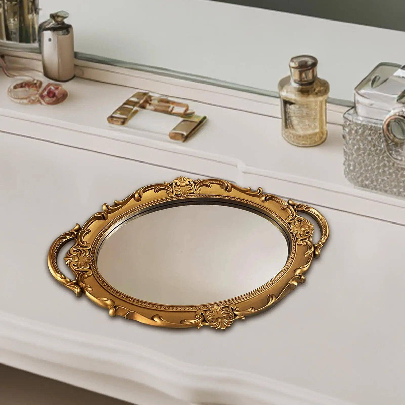 Decorative Vanity Tray Mirrored Desktop Serving Tray for Bedroom Countertop