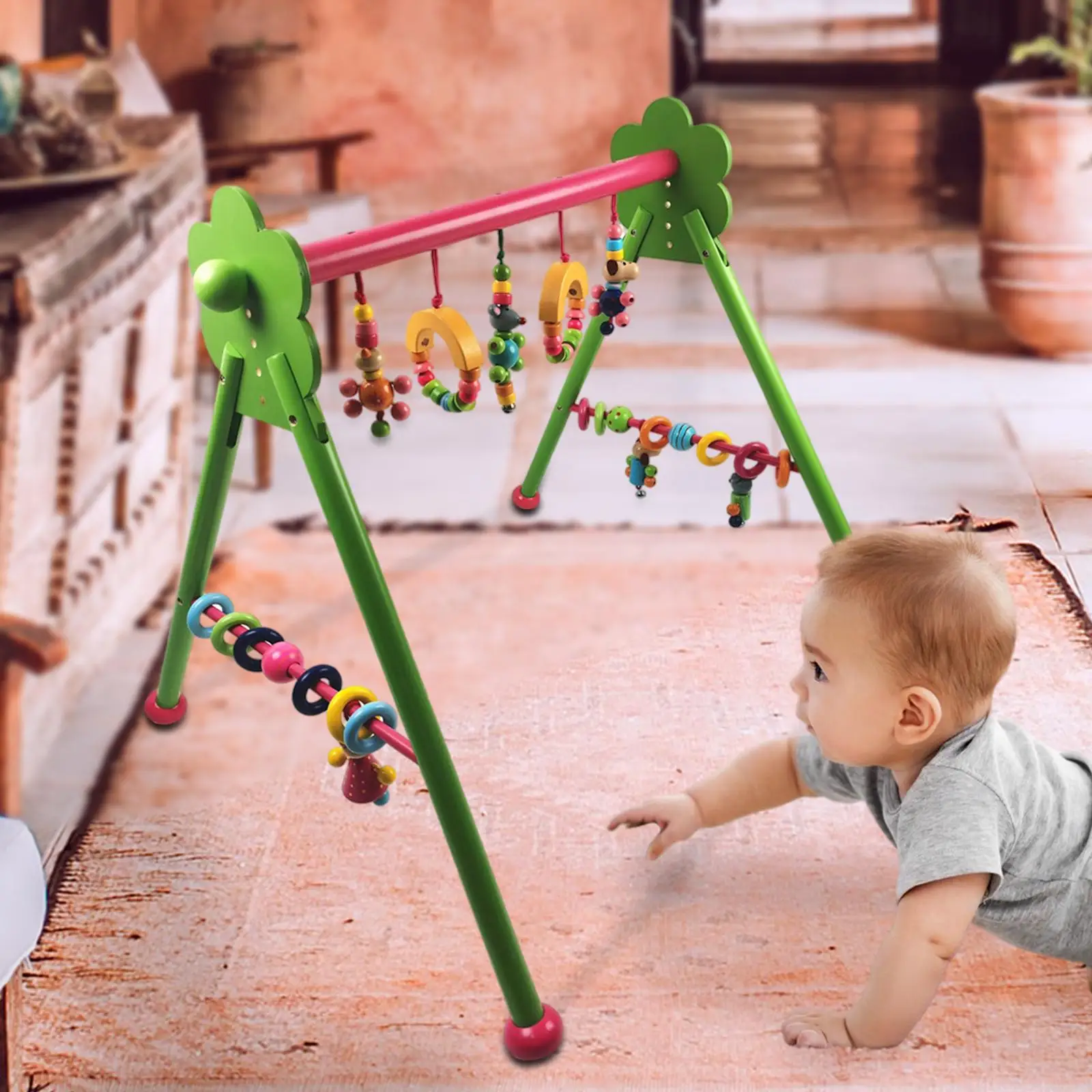 Foldable Baby Activity Gym Rack,  ctivity Gym  with Wooden Baby Hanging Toys Montessori  and Boy Babies Ages  Month