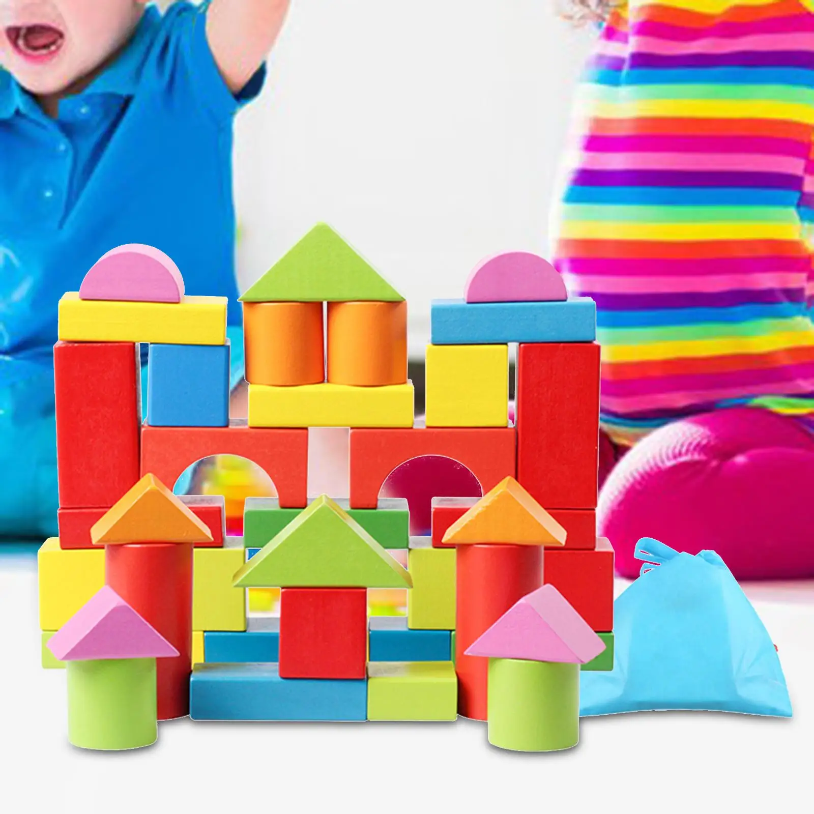 40x Wooden Building Blocks Early Educational Toys with Storage Pouch for Birthday Gifts