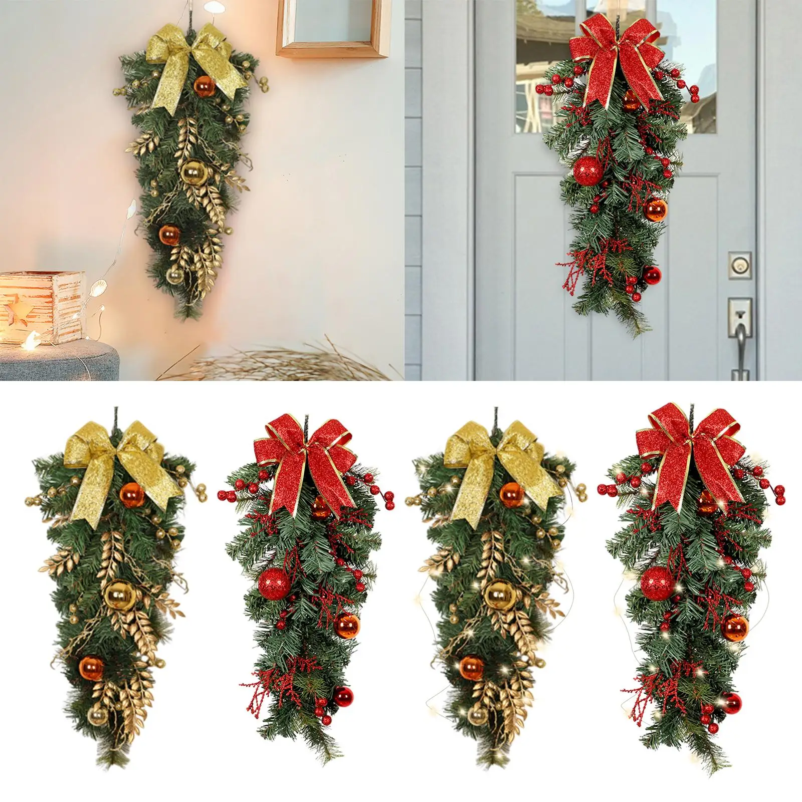 Christmas Upside Down Tree Exquisite Bows Holiday Party Decor Xmas Wreath Ornament for Wall Porch Indoor Outdoor Home Fireplace
