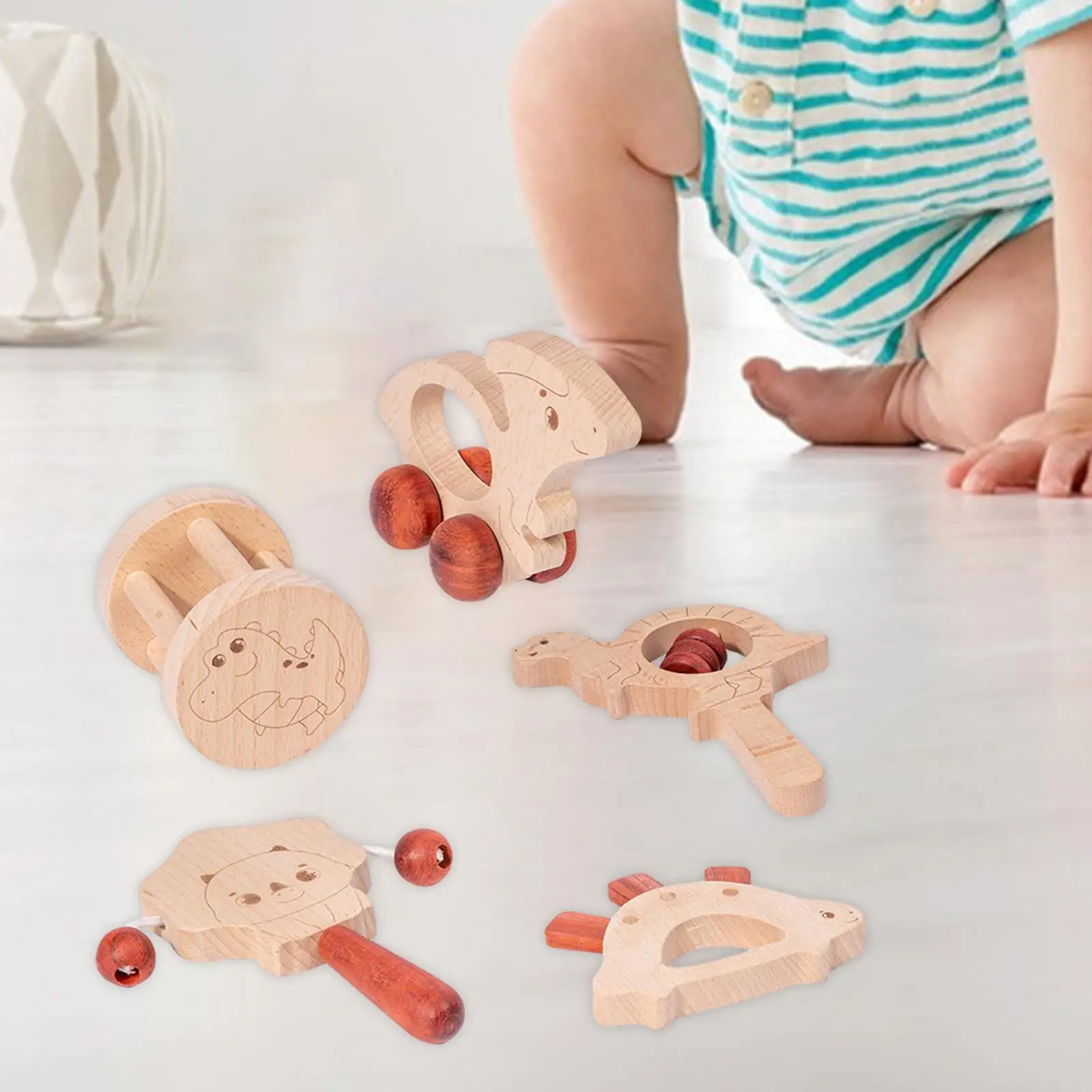 5Pcs Wooden Baby Toys Wood Car Newborn Toy Sensory Development Baby Rattle Montessori Toys for Girls Boys Babies 6-12 Months