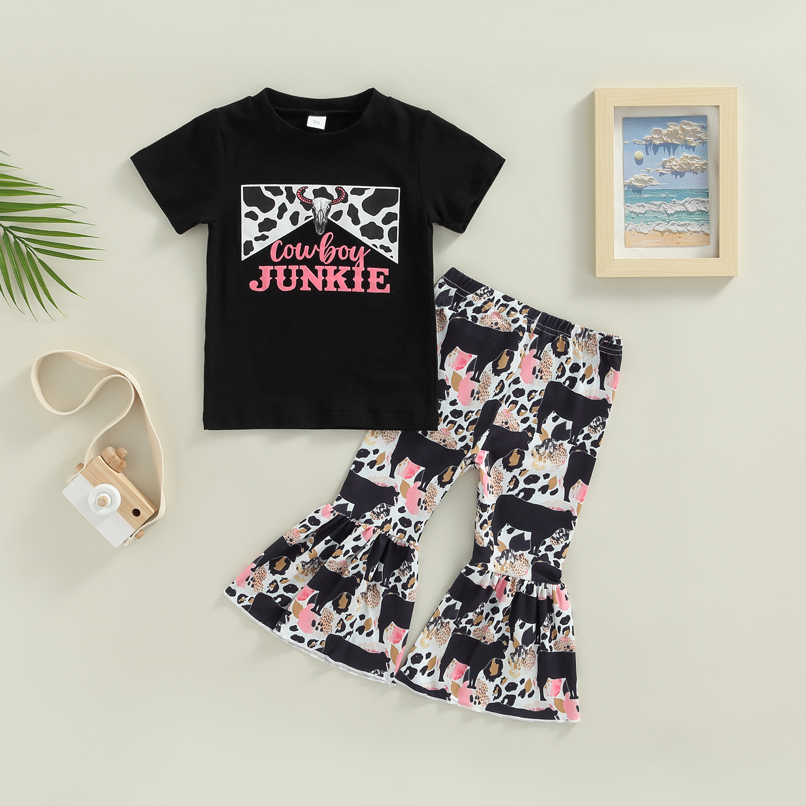 Kinder Kleinkind Baby Mädchen Casual Anzug, brief Gedruckt Kurzarm Tops + Cartoon Gedruckt Ausgestelltes Lange Hosen 2Pcs Set 1-6T – Detail 1