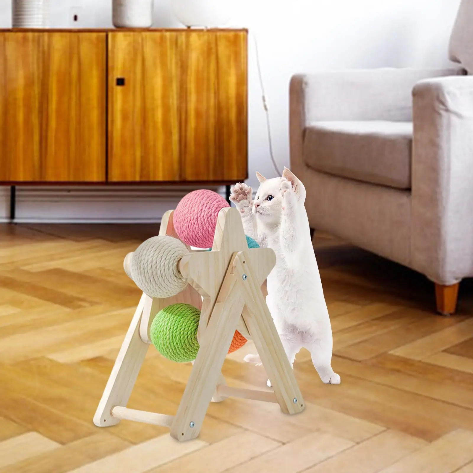 Wooden Cat Scratching Ball Pet Furniture Sisal Solid Wood Vertical Interactive Wear Resistant Sisal Rope Balls Scratcher Toy