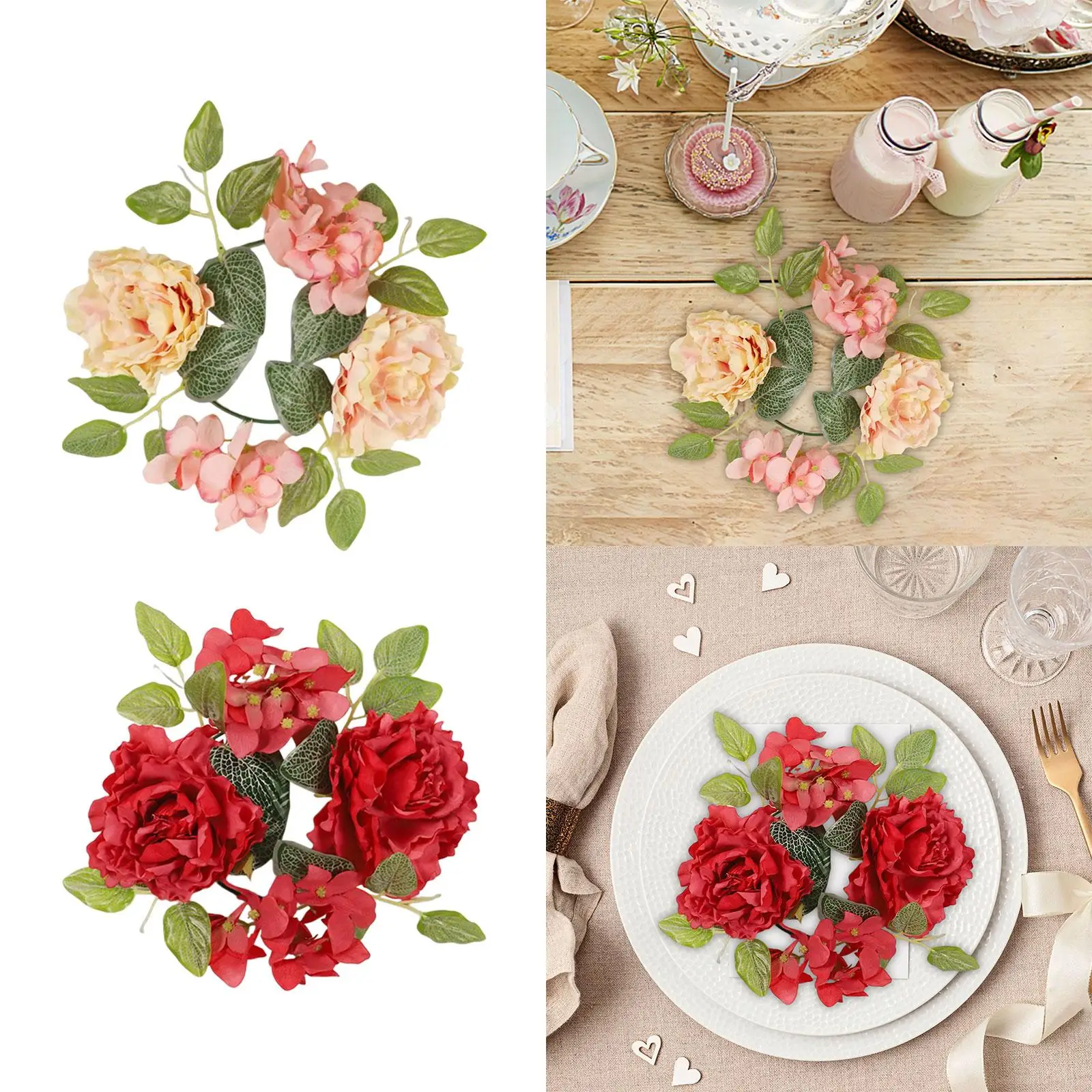 Wedding Floral Candle Rings Artificial Floral Peony Wreath Decoration Candle Rings for Thanksgiving Party Halloween Festival