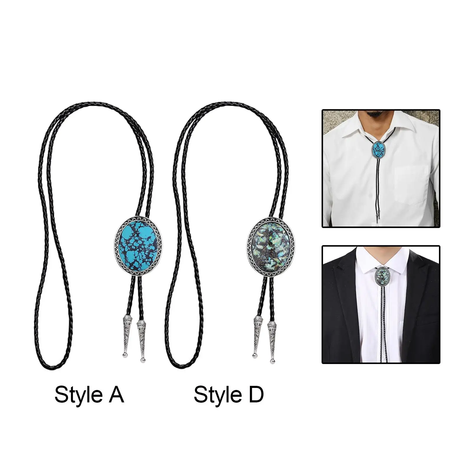 Retro Mens Bolo Tie Oval Shape Accessories Stone PU Leather Necktie Necklace for Cowboy Halloween Jazz Hat Birthday Graduation