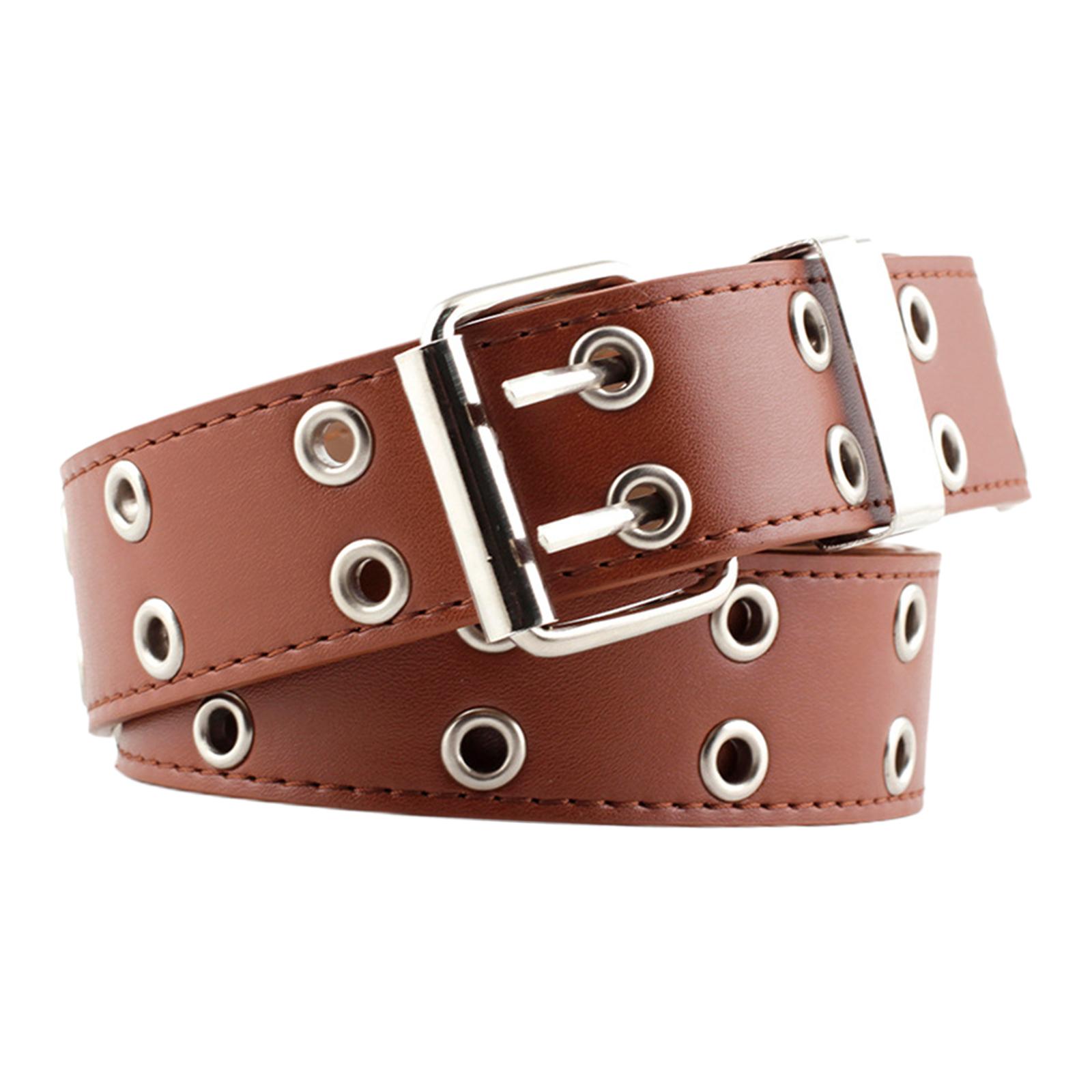 Womens Punk Leather Belt Hollow Double Grommet Waist Strap with Metal Chain