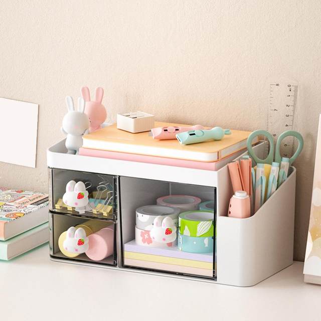 1pc Desktop Drawer Style Clear Visible Stackable Storage Box, Smooth Edge,  Pull-out Design, For Students/office Supplies Organization