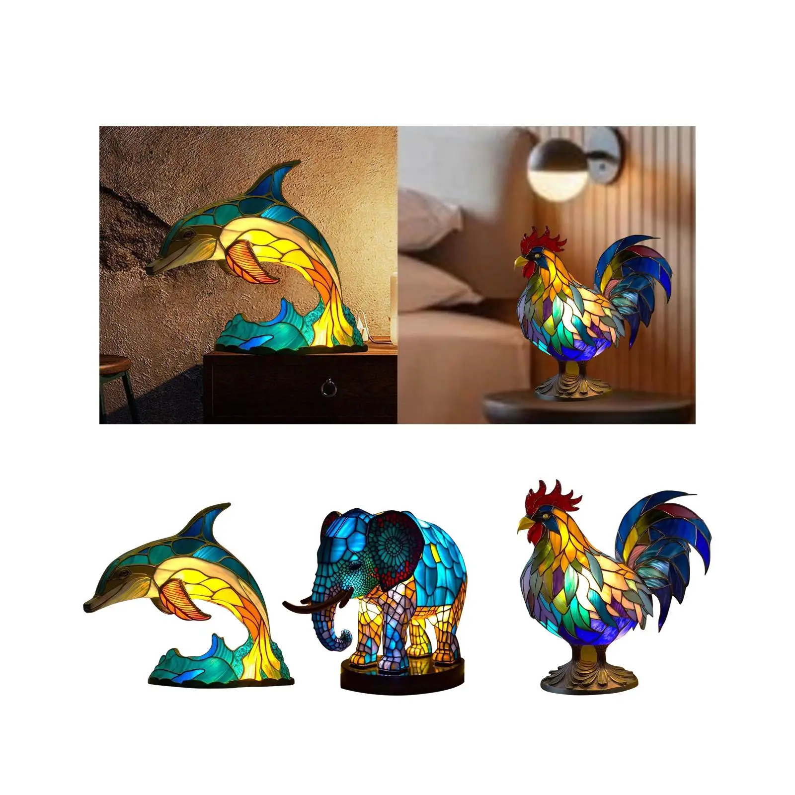 Animal Table Lamp Bedside Lamp Bohemian Stained Resin Table Lamp Night Light for Bedroom Office Study Restaurant Decoration