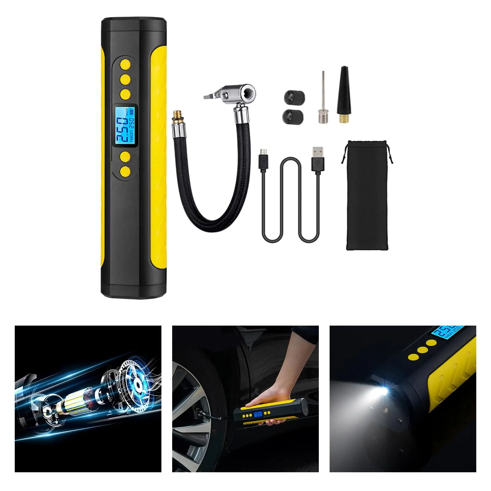 Electric Portable Air Compressor with LED Light Digital Display Compact Tire Inflator for Bicycles Motorcycle Tires Car