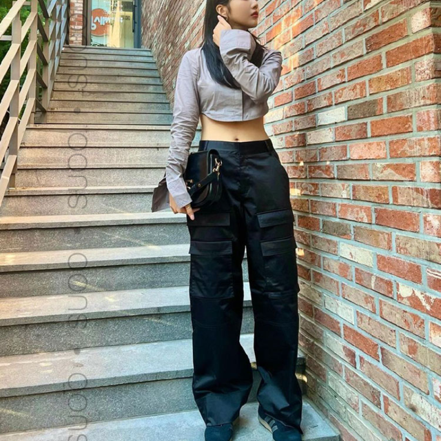 YOZOU] Luxury Silk Black Cargo Pants Pockets Fluid Trousers
