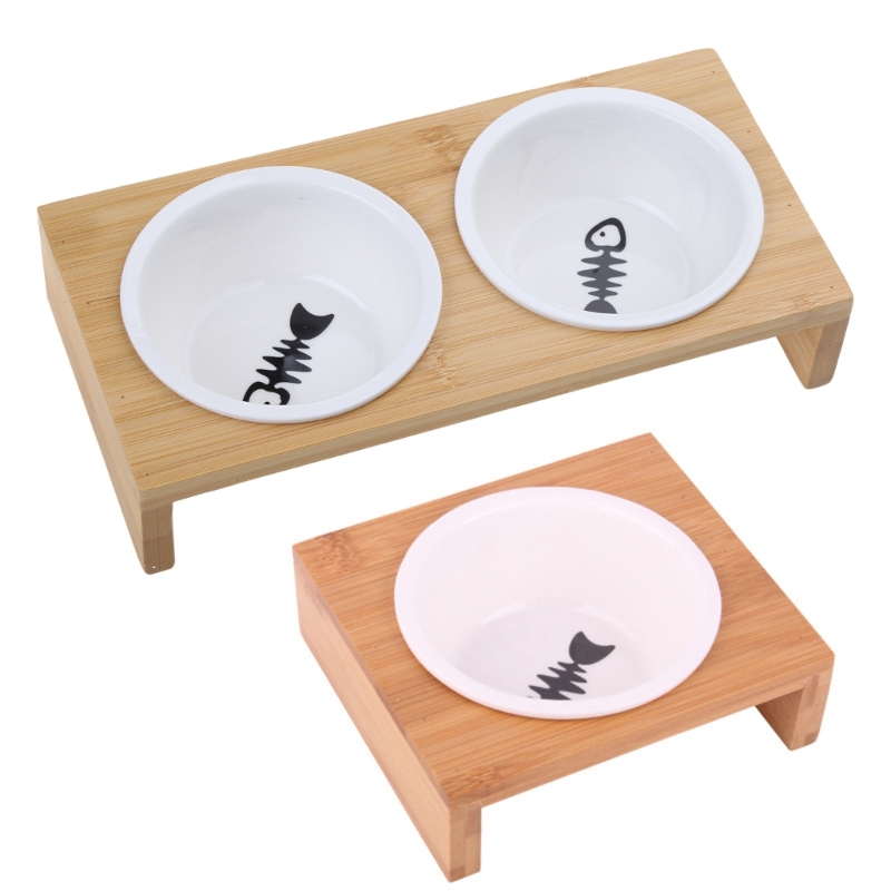 Title 3, Cat Food Bowl with Wood Holder Ceramic Feeder B...