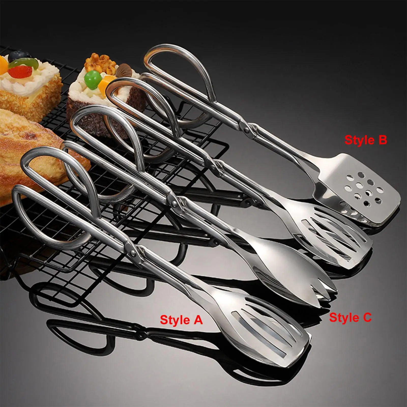Stainless Steel Cake Clamp Tongs Kitchen Utensil Food Serving Tongs Gripper Vegetable Salad BBQ Frying Buffet Bread Tongs Clip
