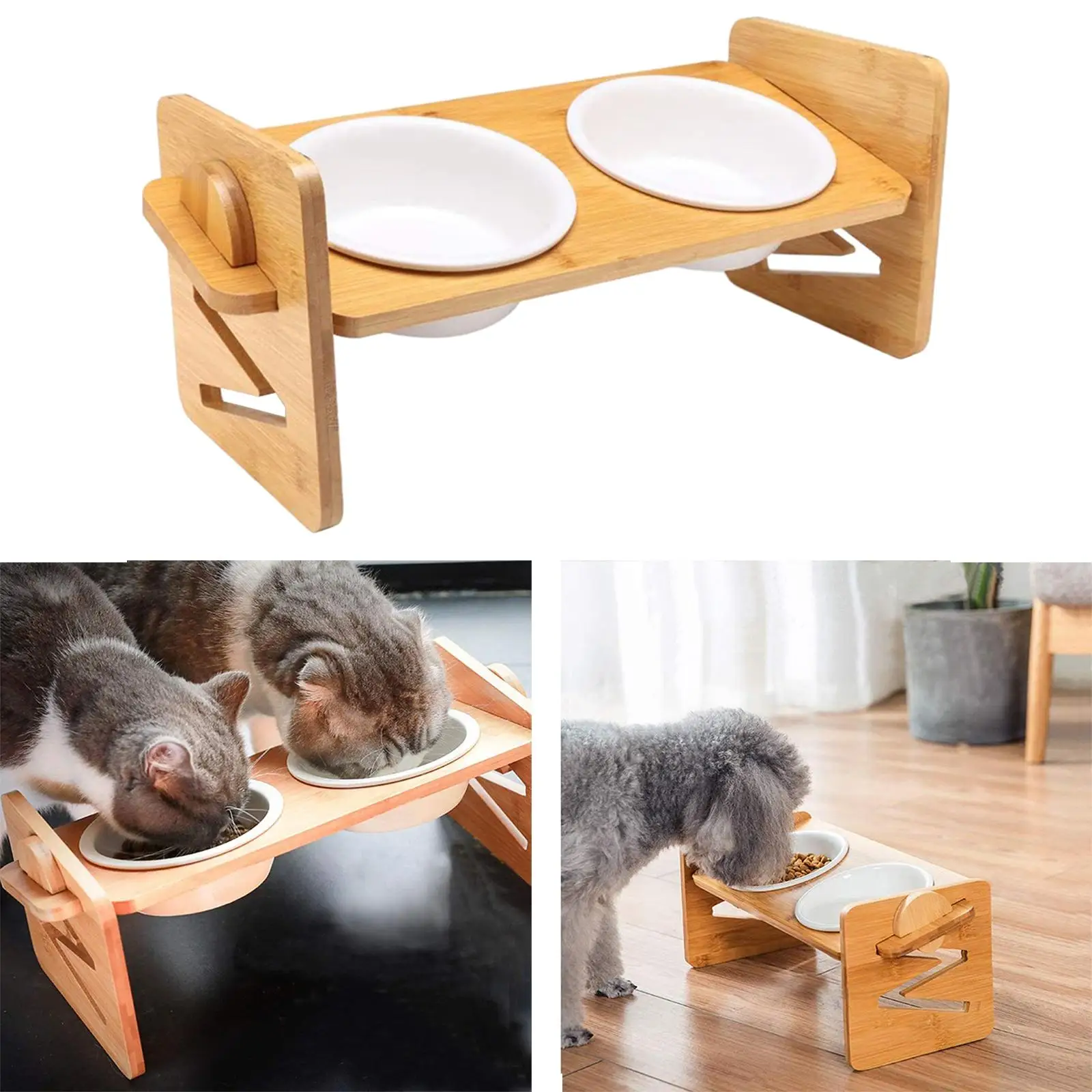 Tilted Pet Bowls Food and Water Bowls Pet Cat Neck Care Adjustable Height Stand Double Ceramic Bowls Feeder for Cats Puppy