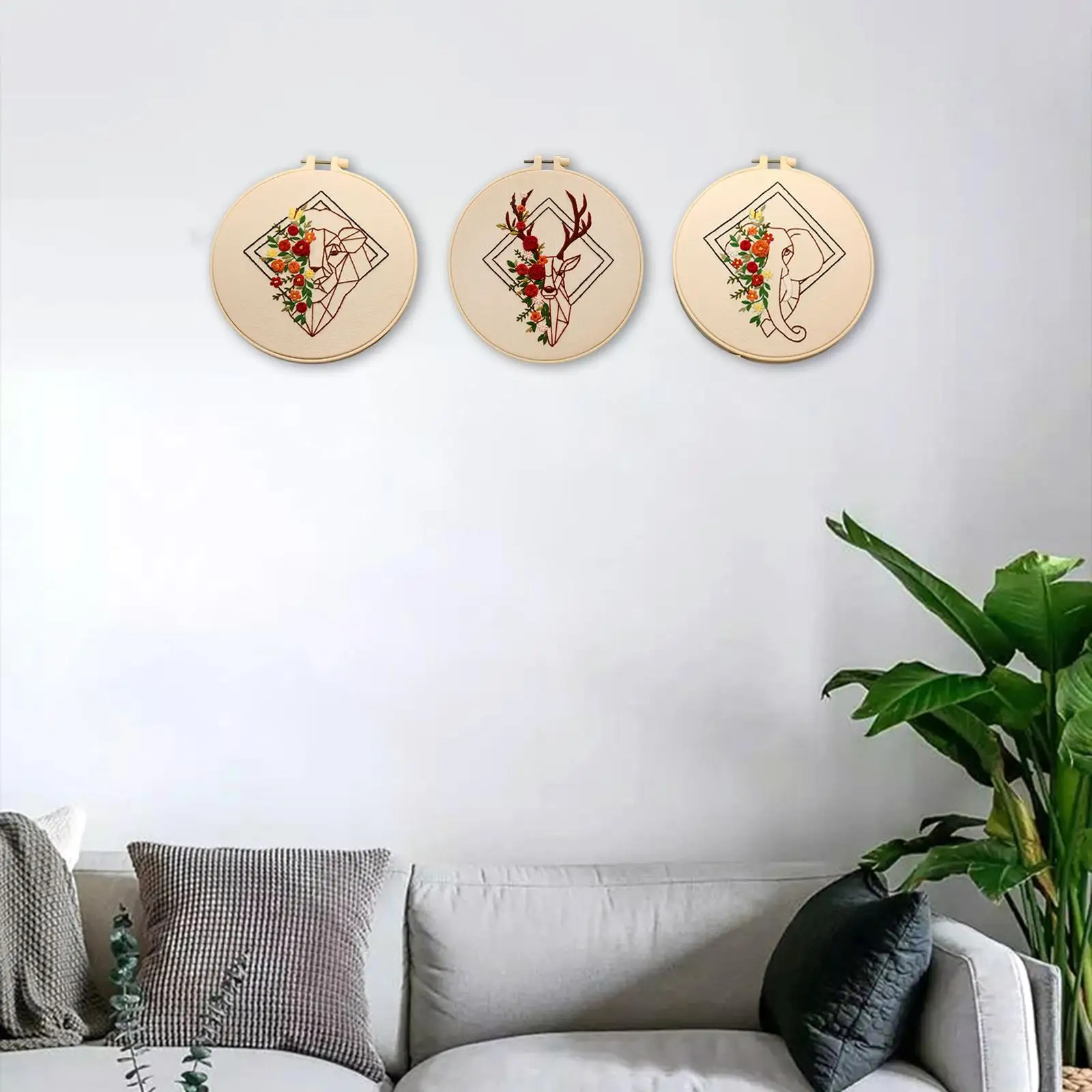 Set of 3 Embroidery Modern Stamped Floral Pattern Handy Sewing Decorative with Embroidery Hoop