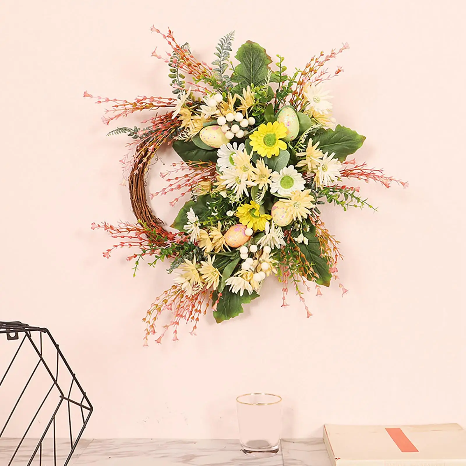 Easter Wild Chrysanthemum Wreath Garland Pastel Eggs Holiday Festival Wall Hanging Decorative Greenery Garden Ornament Window