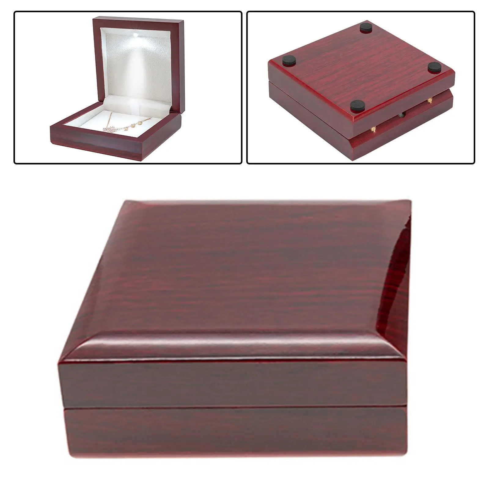 Elegant Necklace Gift Box with LED Light Soft Plush Tray Square Packer Box Wood Jewelry Storage Case for Propose Christmas