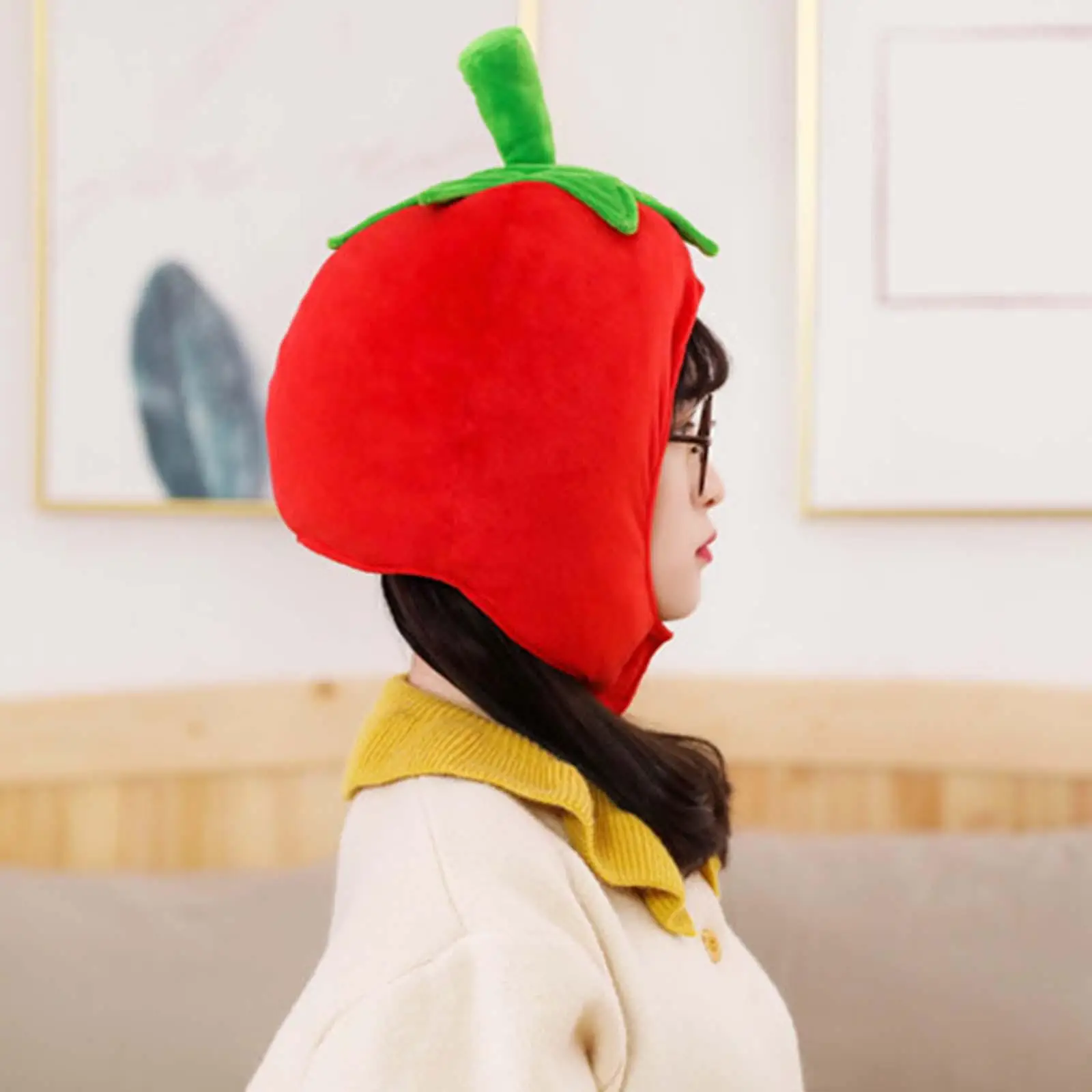 Cute Strawberry Headgear Comfortable Plush Doll Hat Adjustable Soft Head Cover Hat for Halloween Party Birthday Holiday Gifts