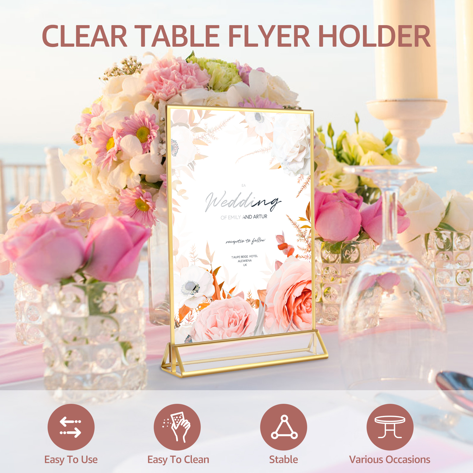 Description Picture 4 of itemAcrylic Sign Holder Gold Frames Clear Wedding Table Number Stand Menu Recipe Cards Holders Picture Frames Photo Display Stand