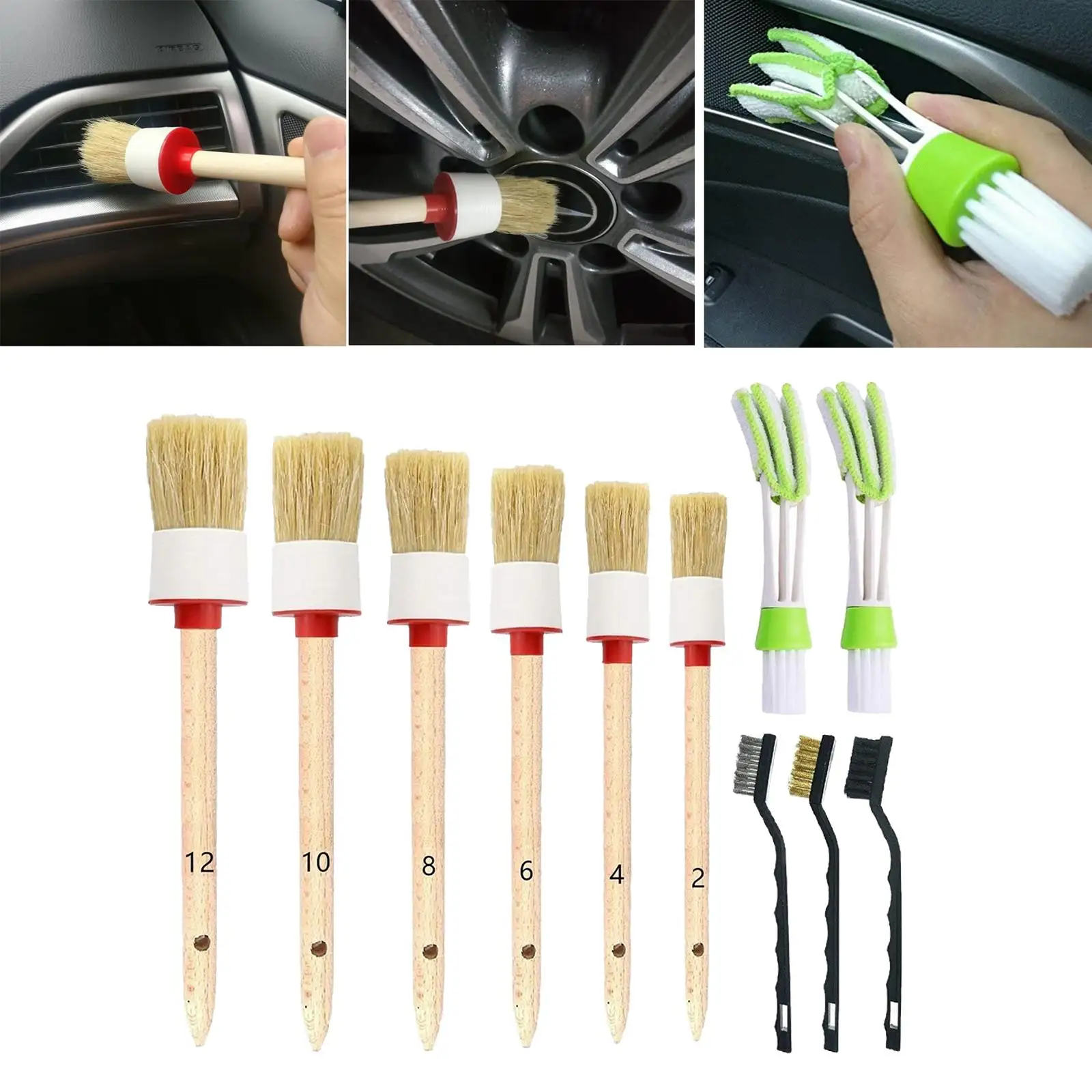 11 Car Wheel Brush Set, Boar  Detail Brushes Included, Long Brush, 3