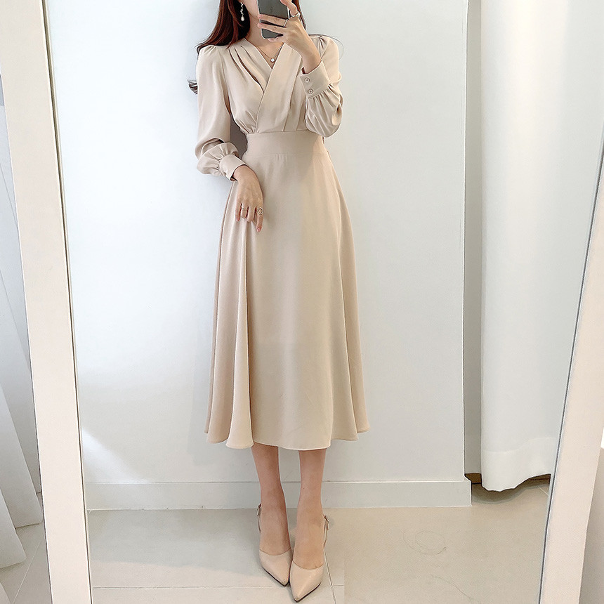 Jielur Harajuku V-neck Puff Sleeve A-line Maxi Dress Woman Solid Color Midi Robe Korean Office Dresses Elegant Spring Dress Lady