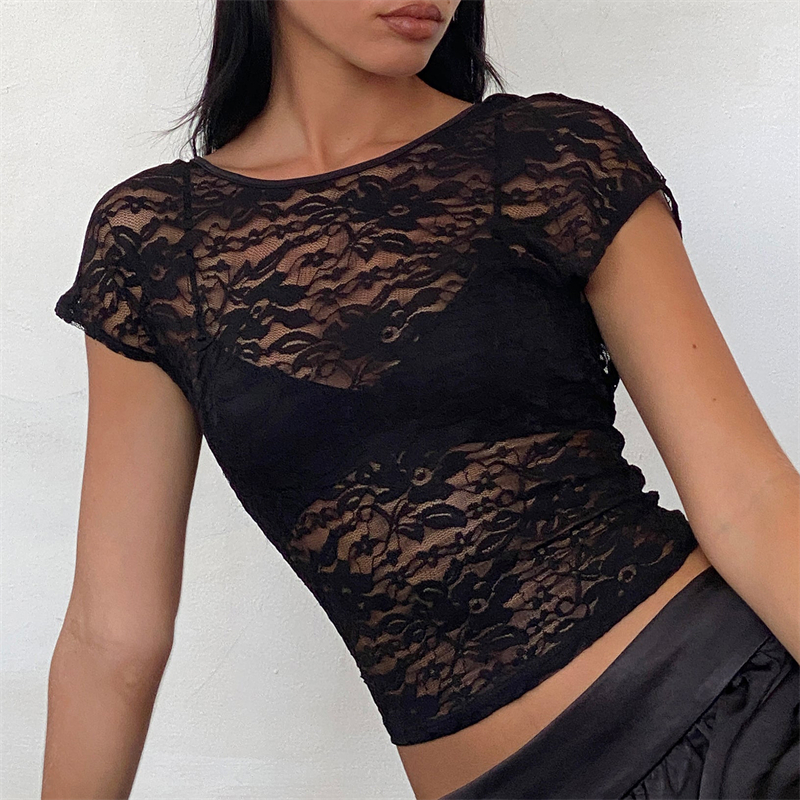 Ootddress Black Sheer Lace Top y2k Aesthetic Women See Through Short Sleeve Open Back Tanks Summer Slim Fit Vest Tees Streetwear