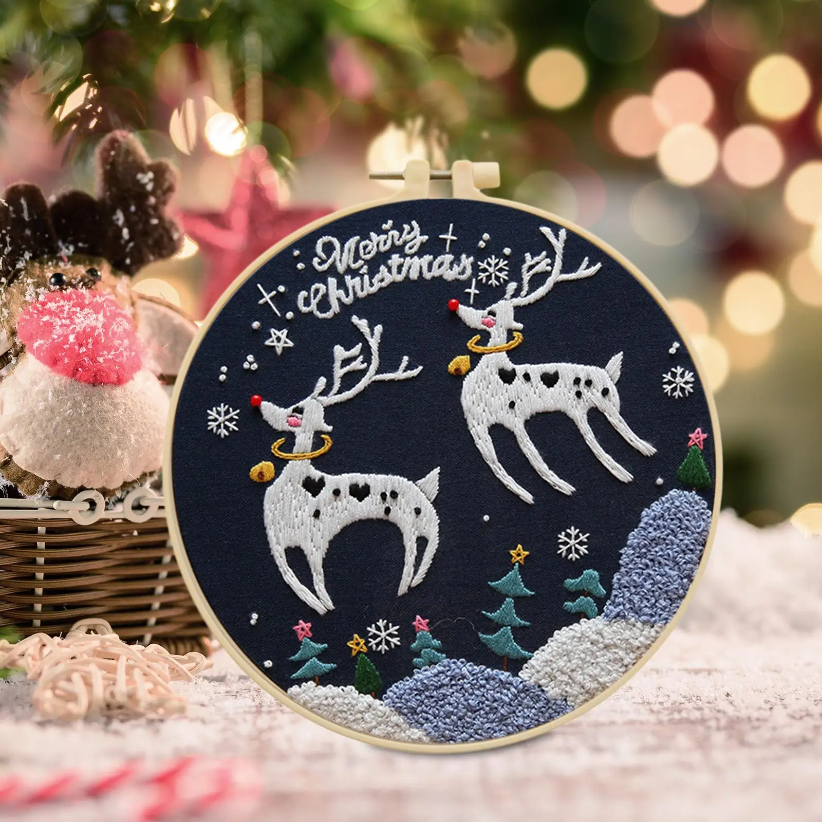 Christmas Embroidery for Starter Needlepoint Set DIY Hanging Painting with Round Photo Frame Cross Stitch Material Package