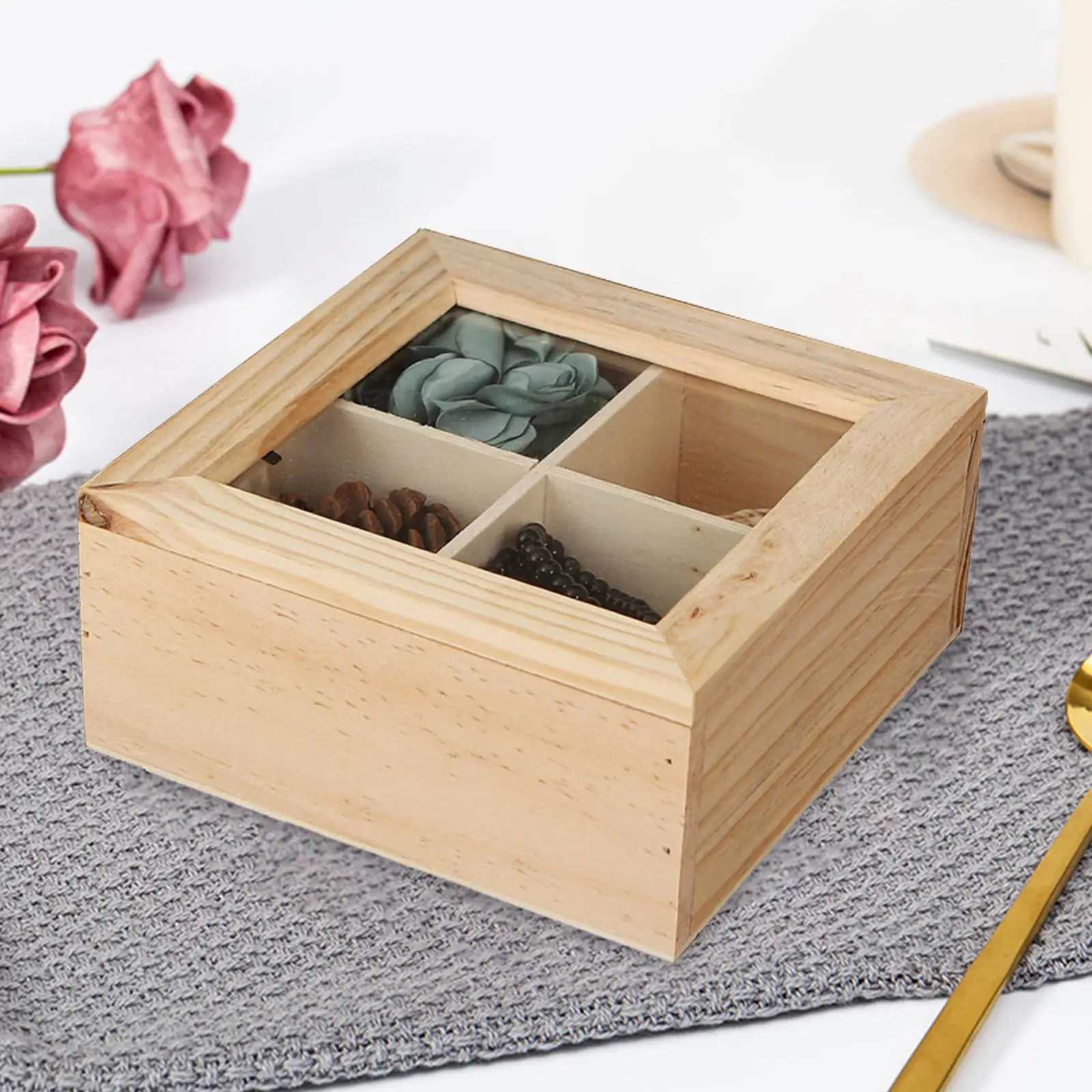 Wood Storage Box Jewelry Display Case with Glass Cover Decorative Box Organizer for Bracelets Gadgets Jewelry Earrings Necklaces