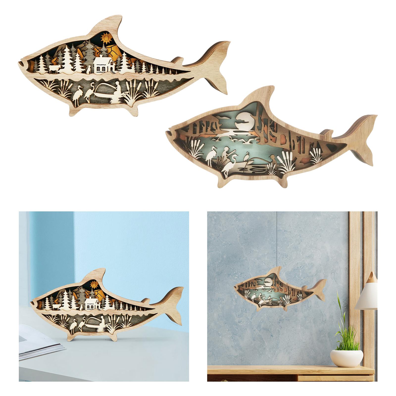 Marine Animals Wooden Decor Sculptures Maritime Themed DIY Carved Fish Nautical Ornament for Living Room Desk Shelf Beach Decor