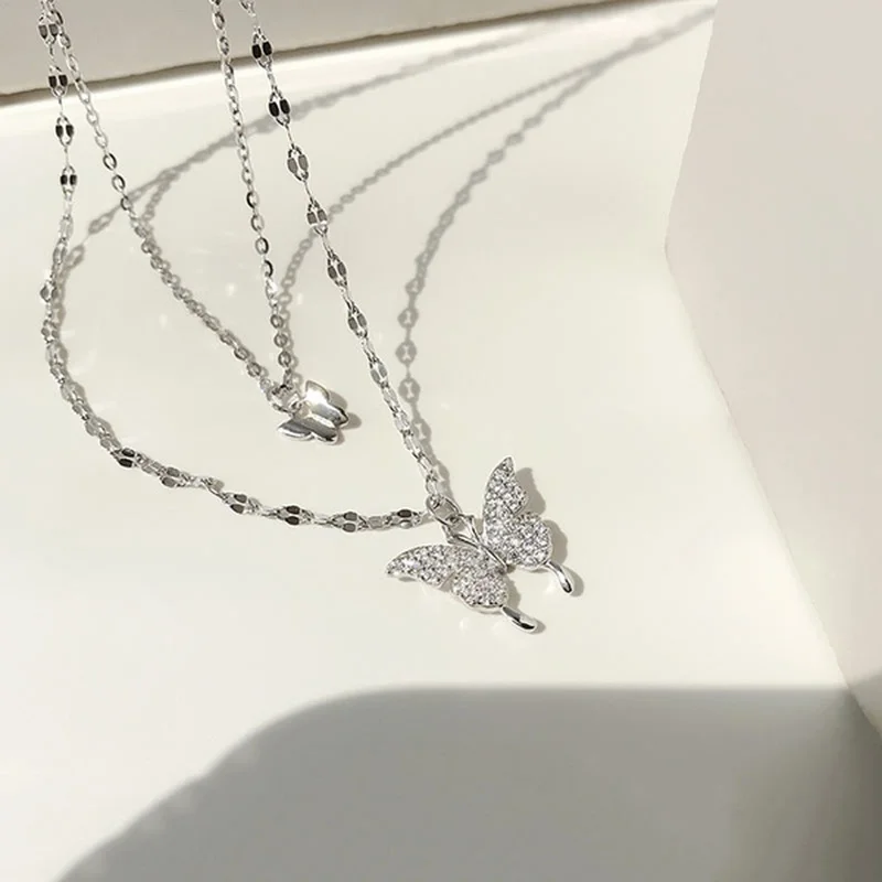 Luxury Shiny Double Chain Butterfly Necklace for Wife