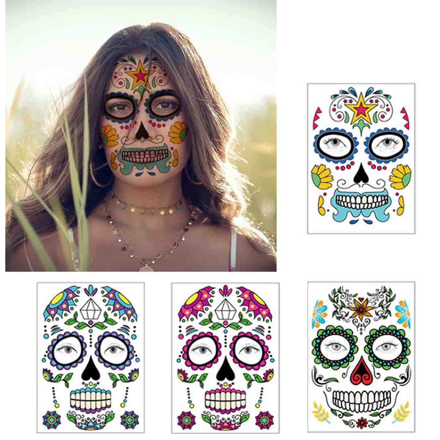 Best of 5 Sheets Halloween Temporary Face Tattoos, Day Of The Dead Sugar Skull Floral Black Skeleton Web Full Face Mask Stickers Tattoo Reviews & Tips - Image 5