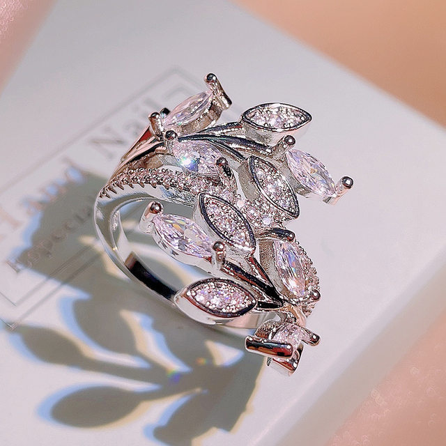 925 Sterling Silver Leaf Pattern store Zircon Ring