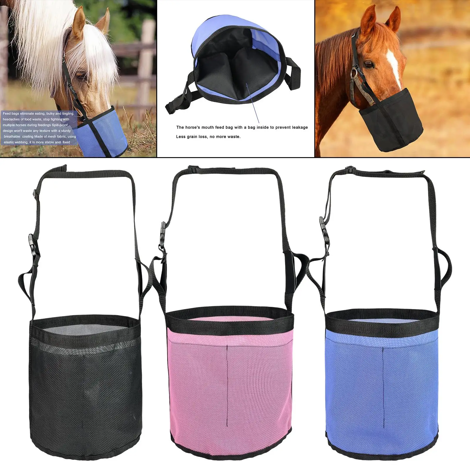 Horse feed Bag Grain Feedbag Slow Feeding Adjustable Elastic Strap Horse Supplies Hay Bag