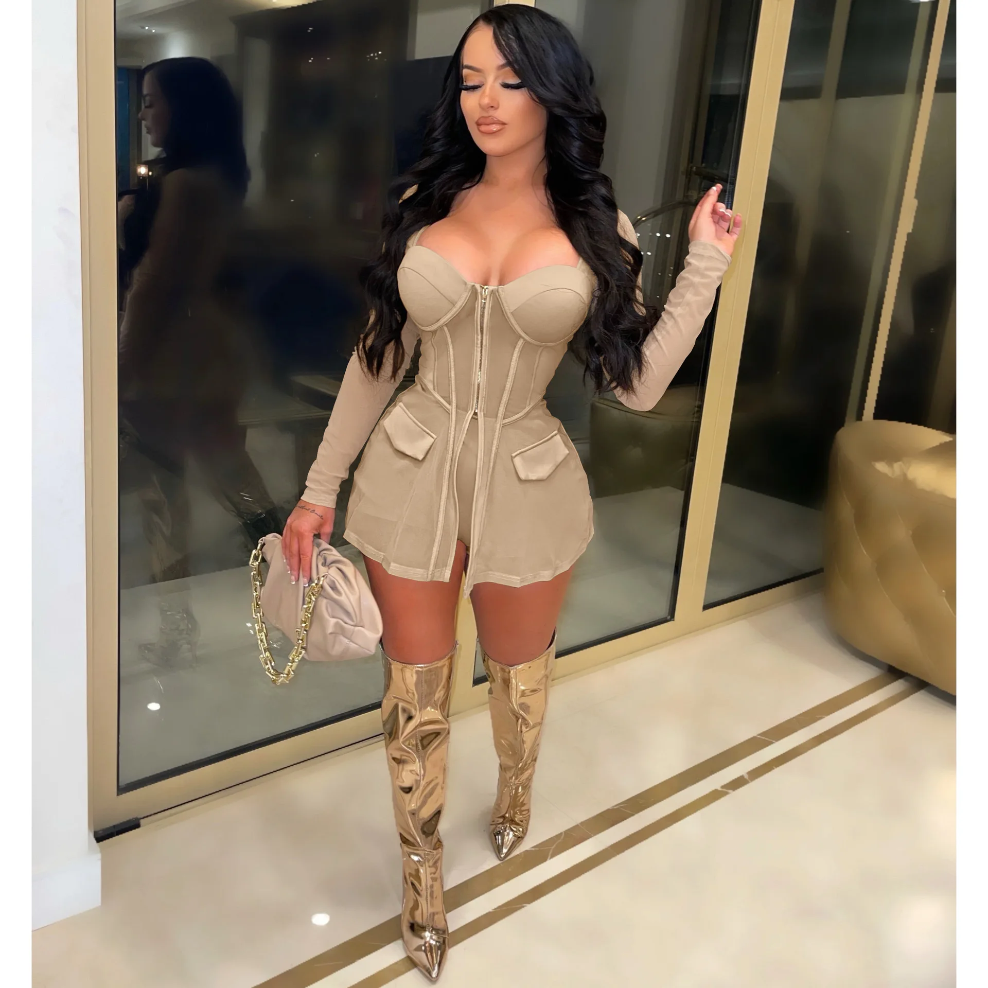 2022 Street Sexy Two Piece Set Women See Through Mesh Zipper Elasticity Top and Shorts Summer Nightclub Party Suit Women Outfits two piece skirt set