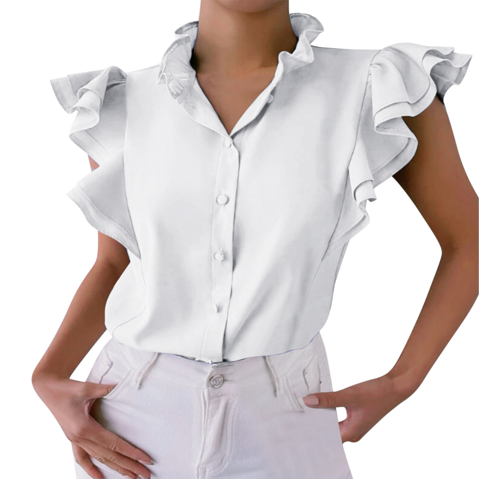 Women Solid Ruffle Cap Sleeve Notched 