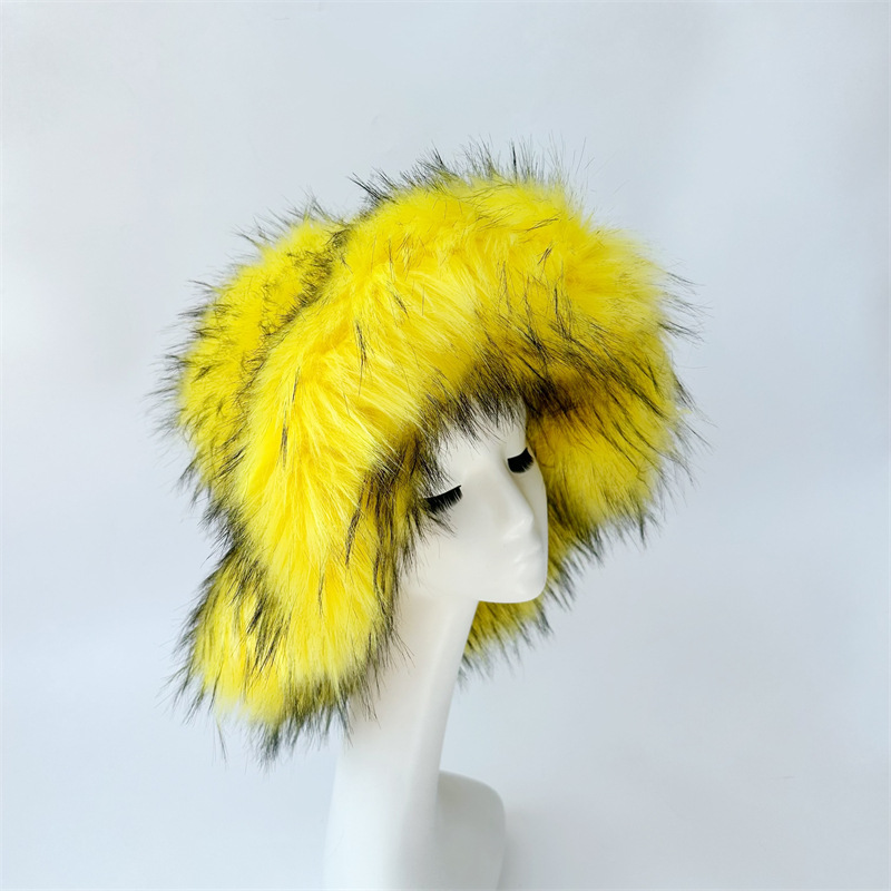 Harajuku Girls Sweet Cute Pink Wide Brim Floppy Furry Shag Hat Women Winter Y2k Fashion Fuzzy Festival Faux Fox Fur Bucket Hats