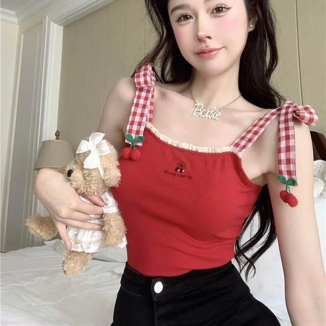 Red Japanese Kawaii Lolita Crop Top Women Plaid Bandage Cute Tank