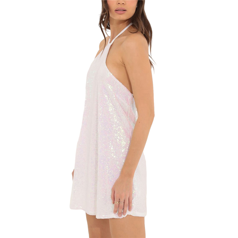 Sparkly Mini Dress y2k Women Solid Color Halterneck Off Shoulder Tie Up Backless Dresses Summer Sequin Dress Clubwear