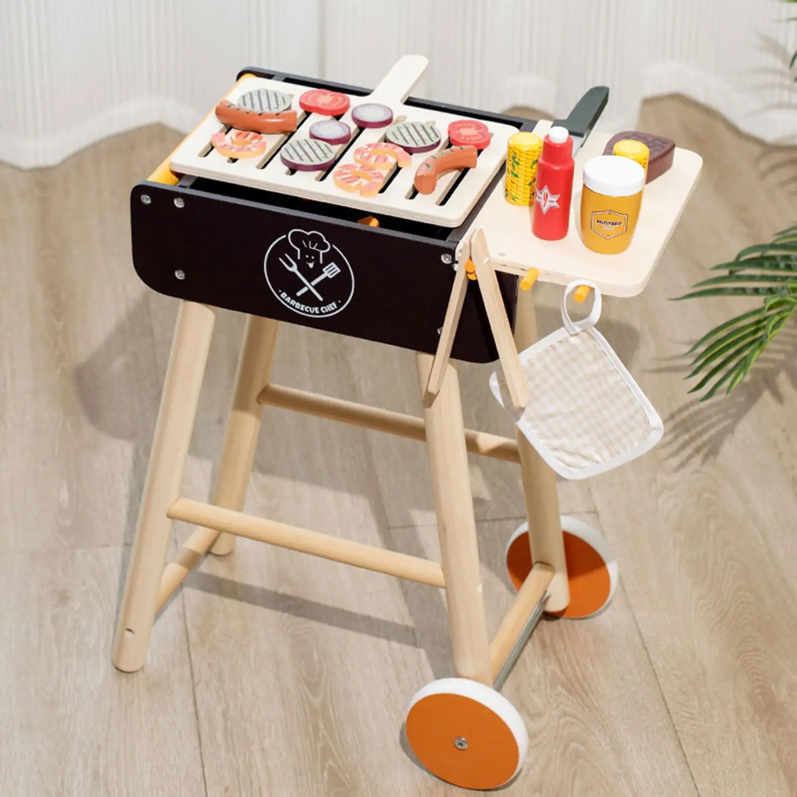 Simulation Wooden Toy BBQ Set Barbecue Grill Toy Pretend Play Role Game Learning Educational Toy for Kids Boy Toddlers