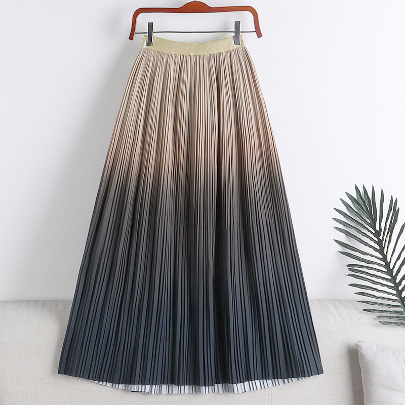 Winter Vintage Gradient Print Pleated Long Skirts Women Clothing Casual ...