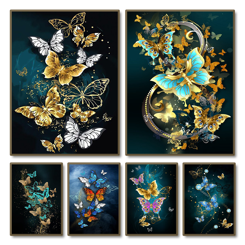 Gold Blue Butterfly Canvas Paintings Black Wall Art Prints Luxury Living Room Decorative Posters For Living Room Wall Decor Art