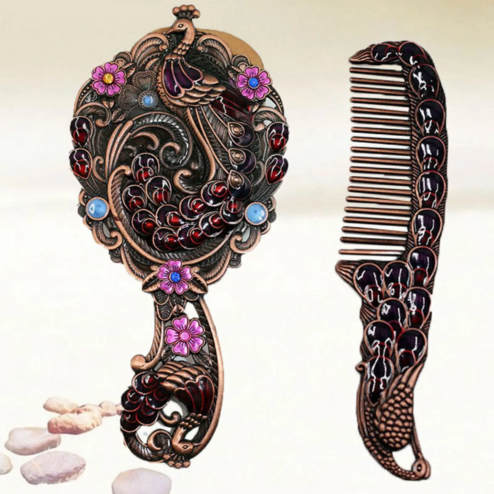 Spreading Tail Peacock Embossing Metal Handheld Makeup Mirror Comb