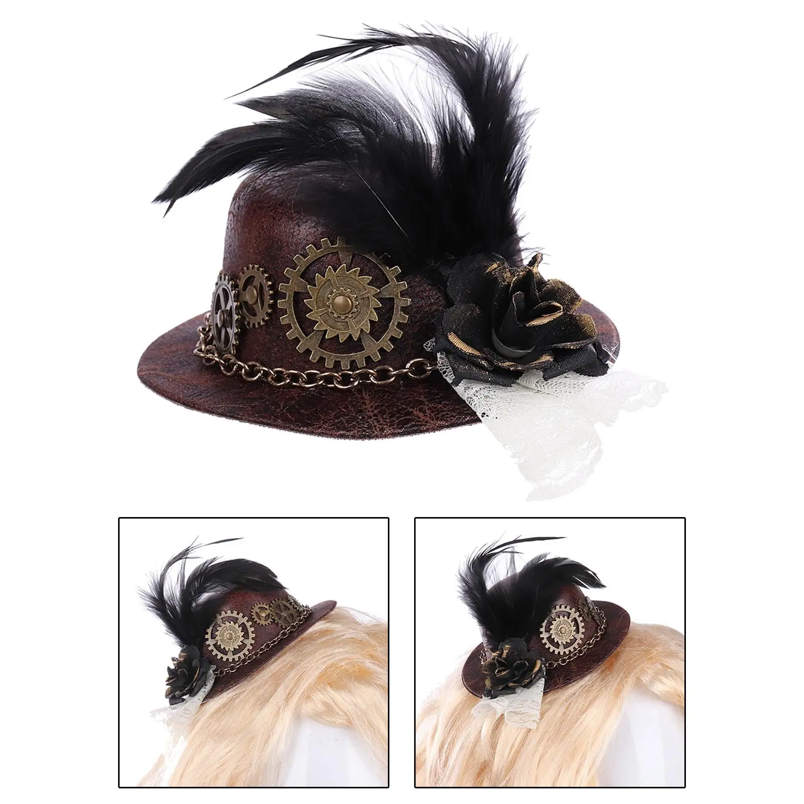 Goth Steampunk Mini Top Hat with Gear Feather Hair Clip, Jazz Hat Cosplay Costume Hat Renaissance Costume Halloween Accessory